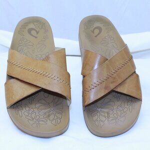 OluKai Size 8 / 38 Kipe'a 'Olu Sahara Tan Leather Cross Strap Slide Sandal